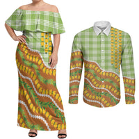 Hawaii Leis Palaka Motifs Couples Matching Off Shoulder Maxi Dress and Long Sleeve Button Shirt Pikake Pakalana Maile Ilima Kakau Style