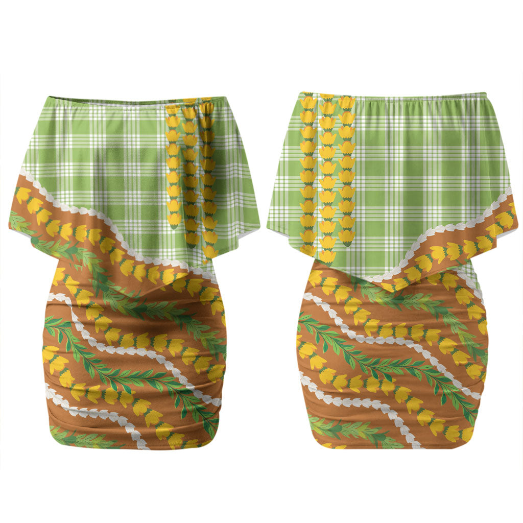Hawaii Leis Palaka Motifs Couples Matching Off Shoulder Short Dress and Hawaiian Shirt Pikake Pakalana Maile Ilima Kakau Style