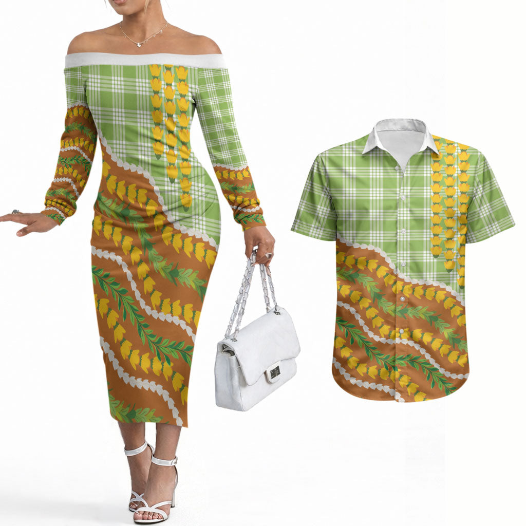 Hawaii Leis Palaka Motifs Couples Matching Off The Shoulder Long Sleeve Dress and Hawaiian Shirt Pikake Pakalana Maile Ilima Kakau Style