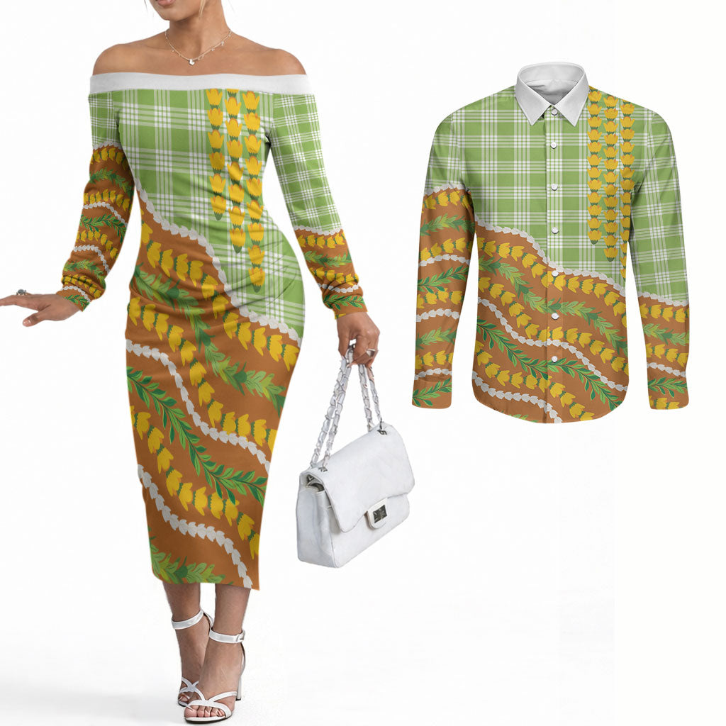 Hawaii Leis Palaka Motifs Couples Matching Off The Shoulder Long Sleeve Dress and Long Sleeve Button Shirt Pikake Pakalana Maile Ilima Kakau Style