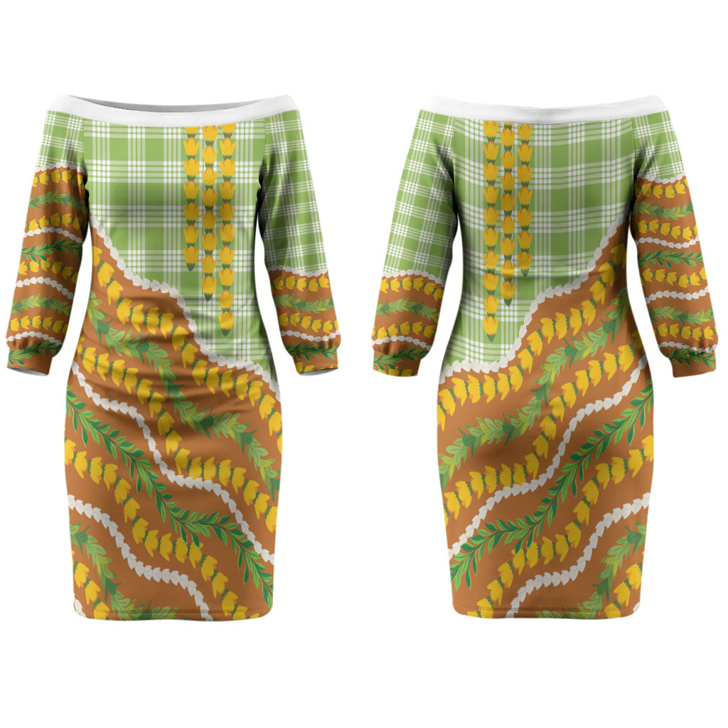 Hawaii Leis Palaka Motifs Couples Matching Off The Shoulder Long Sleeve Dress and Long Sleeve Button Shirt Pikake Pakalana Maile Ilima Kakau Style