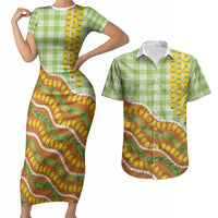 Hawaii Leis Palaka Motifs Couples Matching Short Sleeve Bodycon Dress and Hawaiian Shirt Pikake Pakalana Maile Ilima Kakau Style