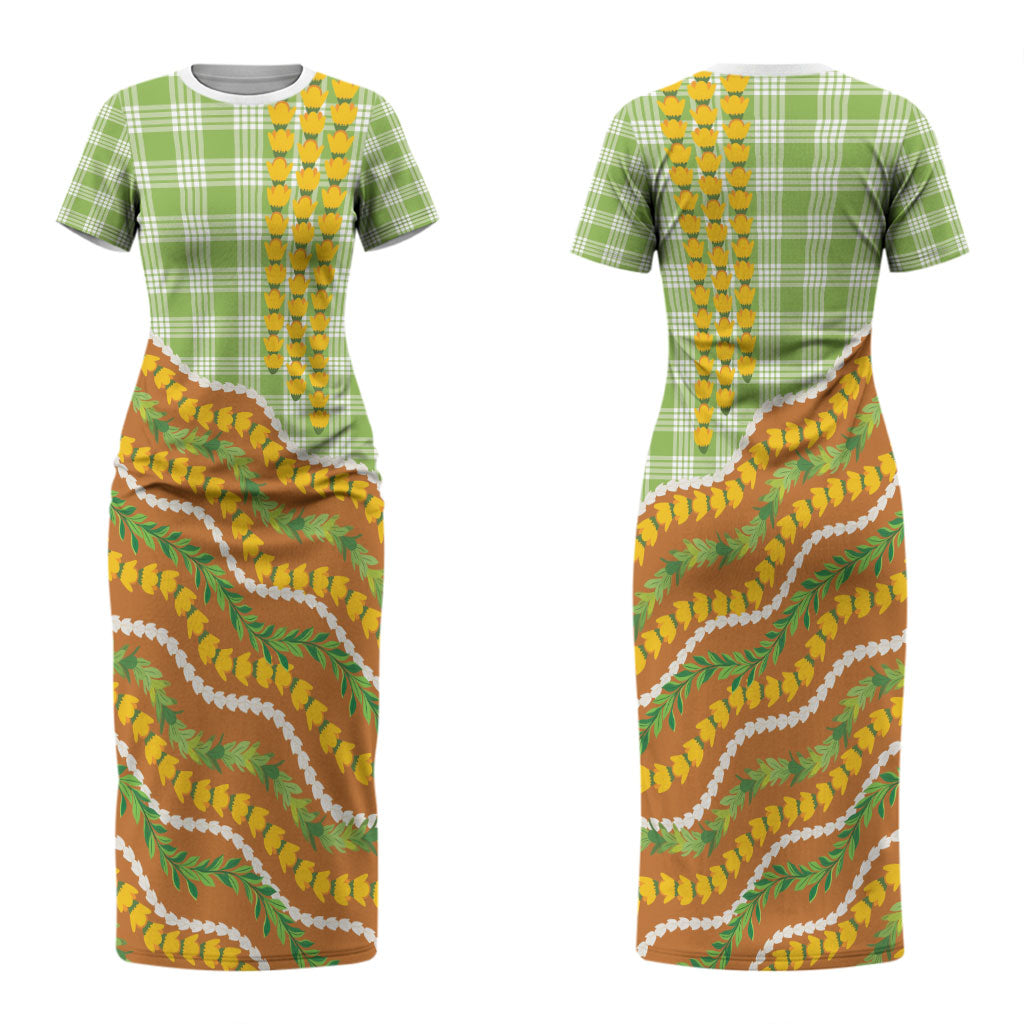 Hawaii Leis Palaka Motifs Couples Matching Short Sleeve Bodycon Dress and Hawaiian Shirt Pikake Pakalana Maile Ilima Kakau Style