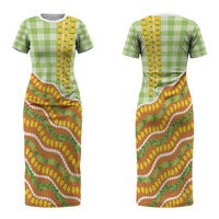 Hawaii Leis Palaka Motifs Couples Matching Short Sleeve Bodycon Dress and Hawaiian Shirt Pikake Pakalana Maile Ilima Kakau Style