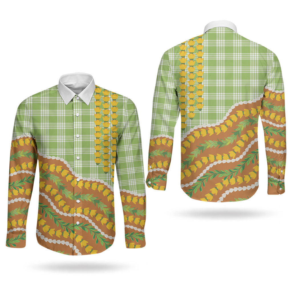 Hawaii Leis Palaka Motifs Couples Matching Short Sleeve Bodycon Dress and Long Sleeve Button Shirt Pikake Pakalana Maile Ilima Kakau Style