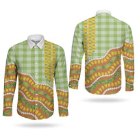 Hawaii Leis Palaka Motifs Couples Matching Short Sleeve Bodycon Dress and Long Sleeve Button Shirt Pikake Pakalana Maile Ilima Kakau Style