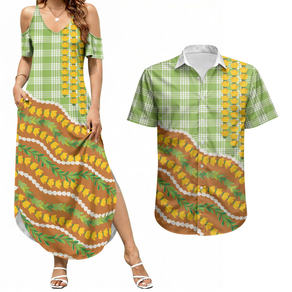 Hawaii Leis Palaka Motifs Couples Matching Summer Maxi Dress and Hawaiian Shirt Pikake Pakalana Maile Ilima Kakau Style