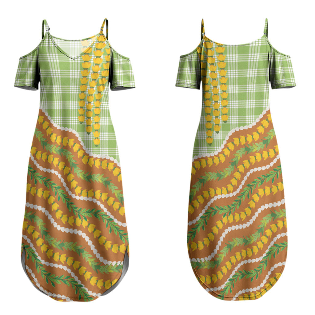 Hawaii Leis Palaka Motifs Couples Matching Summer Maxi Dress and Hawaiian Shirt Pikake Pakalana Maile Ilima Kakau Style