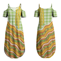 Hawaii Leis Palaka Motifs Couples Matching Summer Maxi Dress and Hawaiian Shirt Pikake Pakalana Maile Ilima Kakau Style