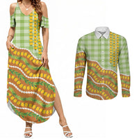Hawaii Leis Palaka Motifs Couples Matching Summer Maxi Dress and Long Sleeve Button Shirt Pikake Pakalana Maile Ilima Kakau Style