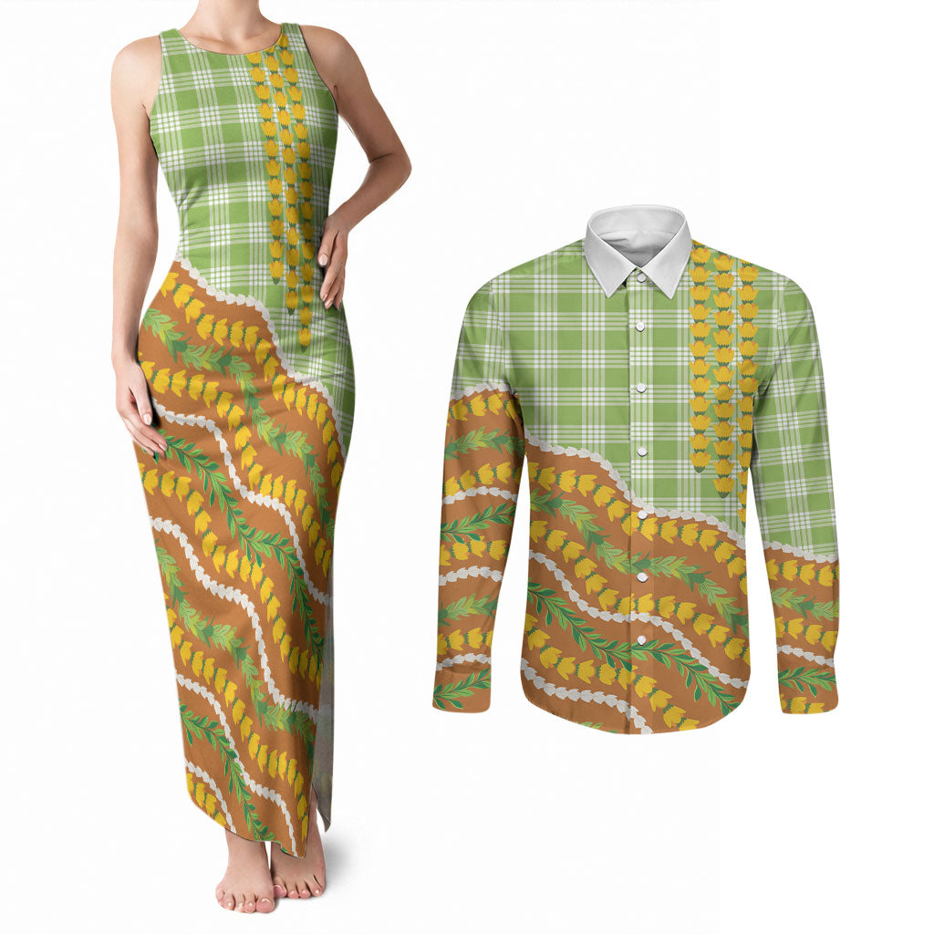 Hawaii Leis Palaka Motifs Couples Matching Tank Maxi Dress and Long Sleeve Button Shirt Pikake Pakalana Maile Ilima Kakau Style