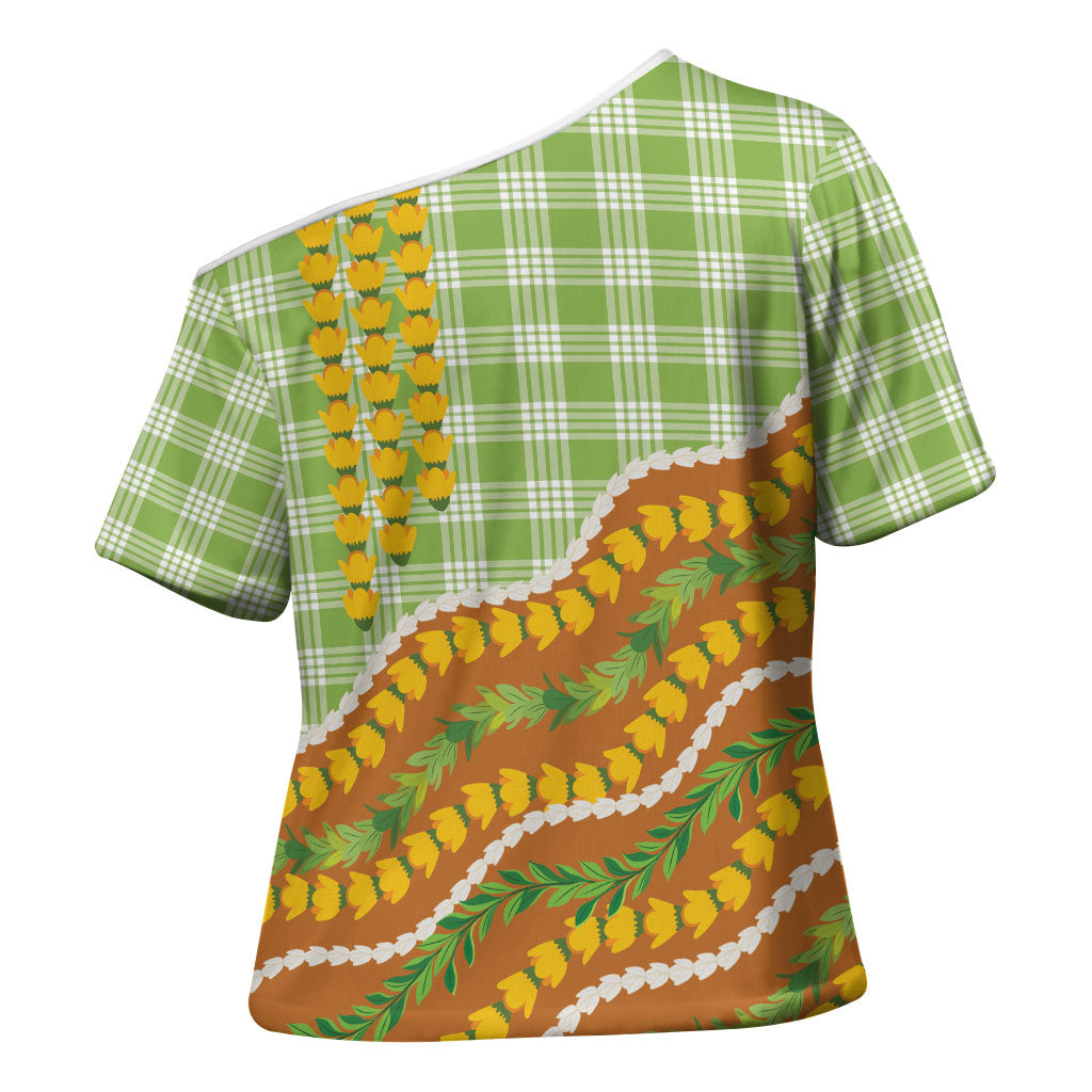 Hawaii Leis Palaka Motifs Cross Shoulder Shirt Pikake Pakalana Maile Ilima Kakau Style