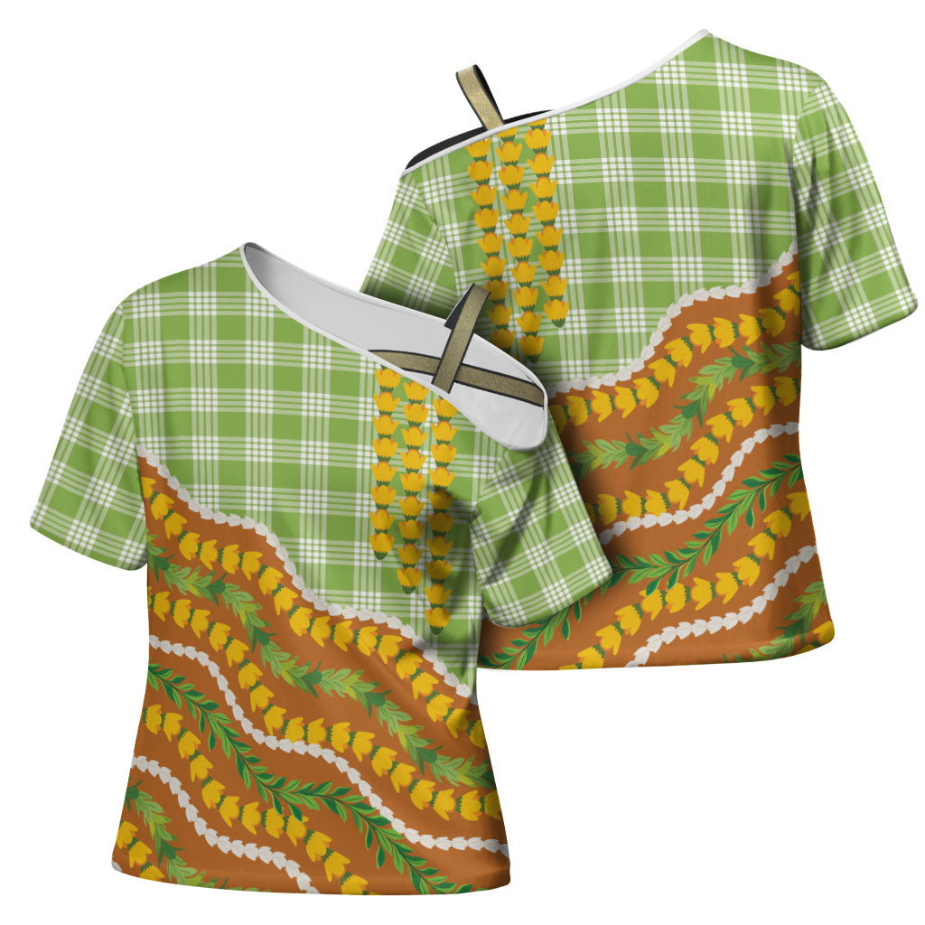 Hawaii Leis Palaka Motifs Cross Shoulder Shirt Pikake Pakalana Maile Ilima Kakau Style