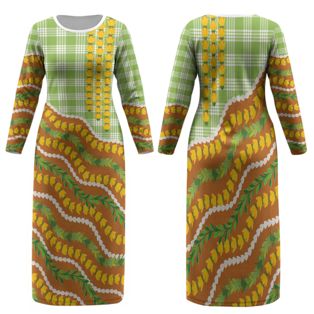 Hawaii Leis Palaka Motifs Family Matching Long Sleeve Bodycon Dress and Hawaiian Shirt Pikake Pakalana Maile Ilima Kakau Style