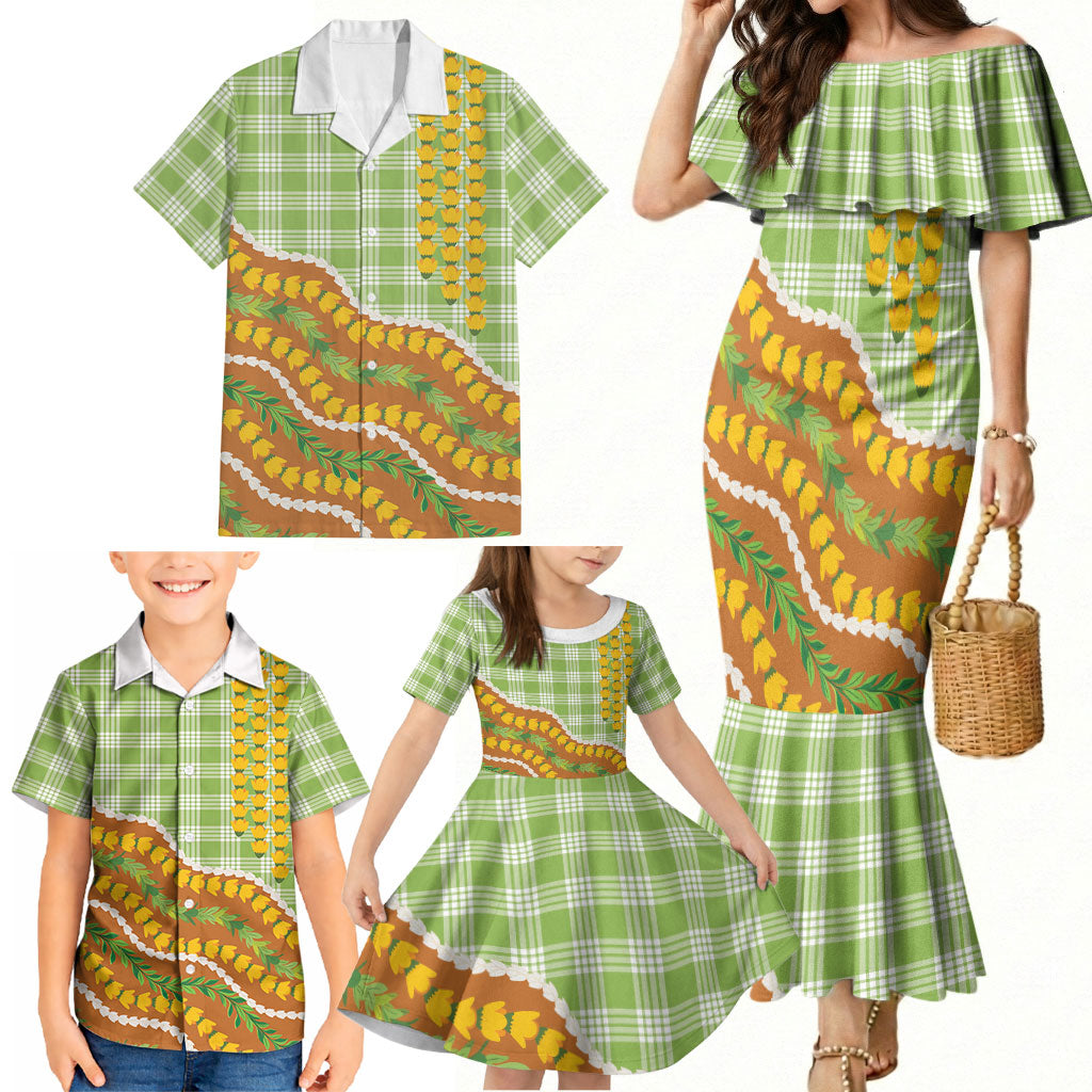Hawaii Leis Palaka Motifs Family Matching Mermaid Dress and Hawaiian Shirt Pikake Pakalana Maile Ilima Kakau Style