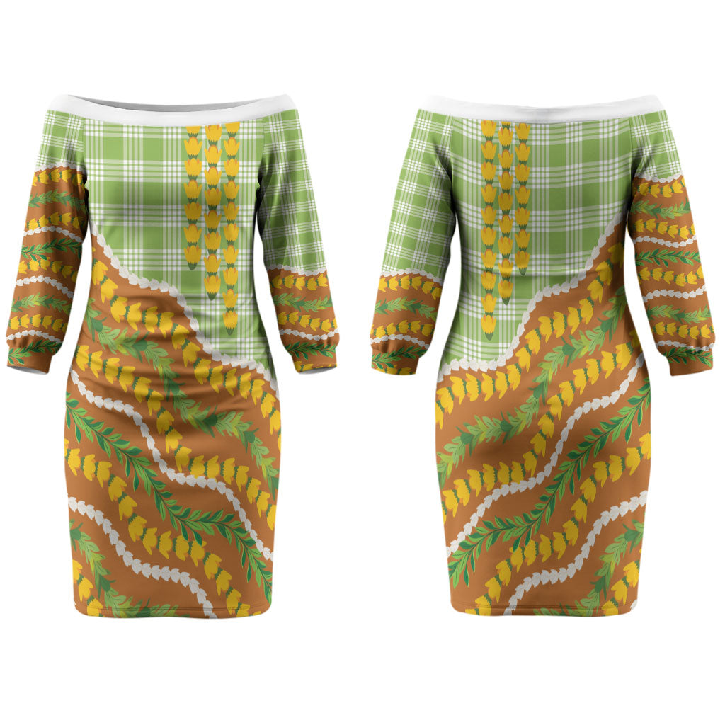 Hawaii Leis Palaka Motifs Family Matching Off The Shoulder Long Sleeve Dress and Hawaiian Shirt Pikake Pakalana Maile Ilima Kakau Style