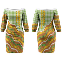 Hawaii Leis Palaka Motifs Family Matching Off The Shoulder Long Sleeve Dress and Hawaiian Shirt Pikake Pakalana Maile Ilima Kakau Style