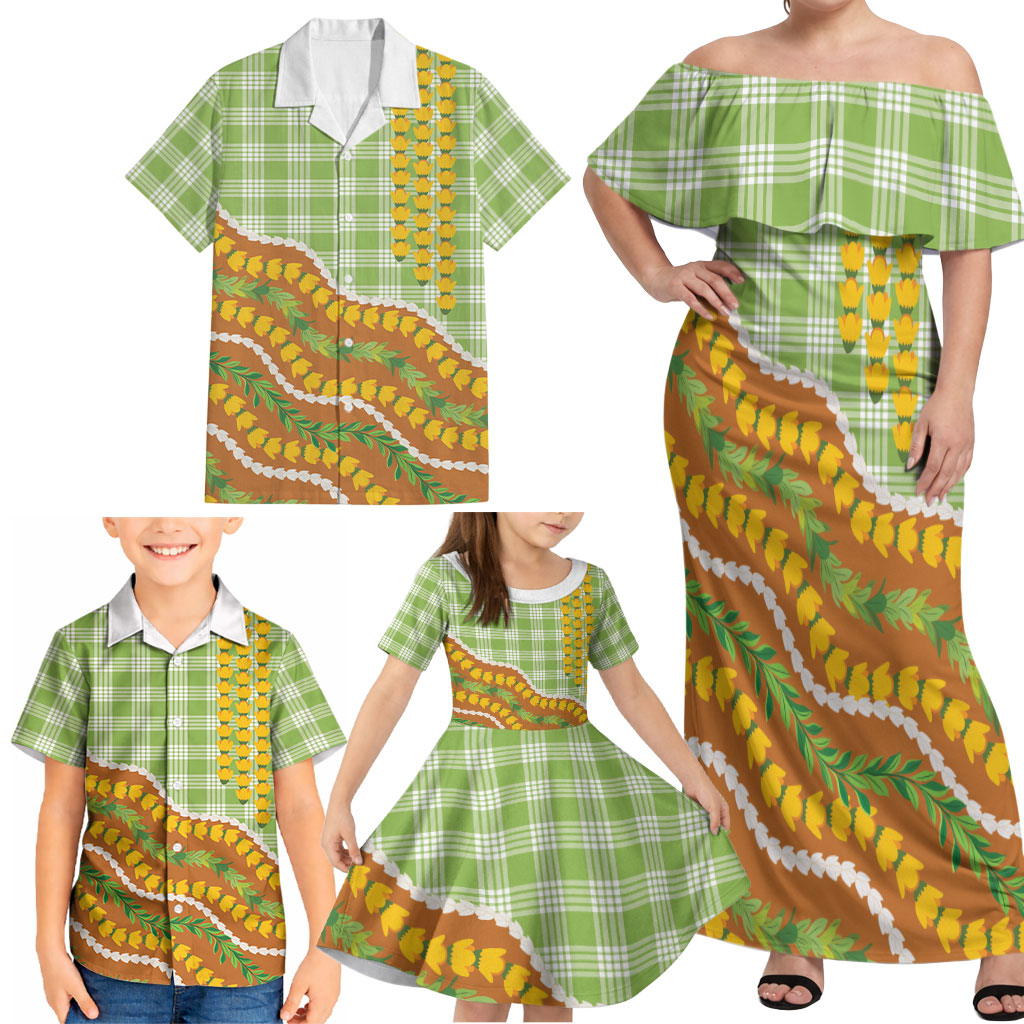 Hawaii Leis Palaka Motifs Family Matching Off Shoulder Maxi Dress and Hawaiian Shirt Pikake Pakalana Maile Ilima Kakau Style