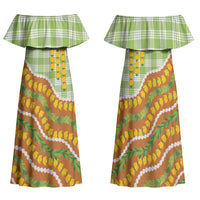 Hawaii Leis Palaka Motifs Family Matching Off Shoulder Maxi Dress and Hawaiian Shirt Pikake Pakalana Maile Ilima Kakau Style