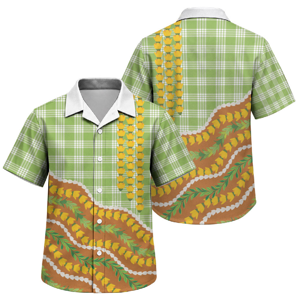Hawaii Leis Palaka Motifs Family Matching Off Shoulder Maxi Dress and Hawaiian Shirt Pikake Pakalana Maile Ilima Kakau Style