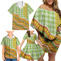 Hawaii Leis Palaka Motifs Family Matching Off Shoulder Short Dress and Hawaiian Shirt Pikake Pakalana Maile Ilima Kakau Style