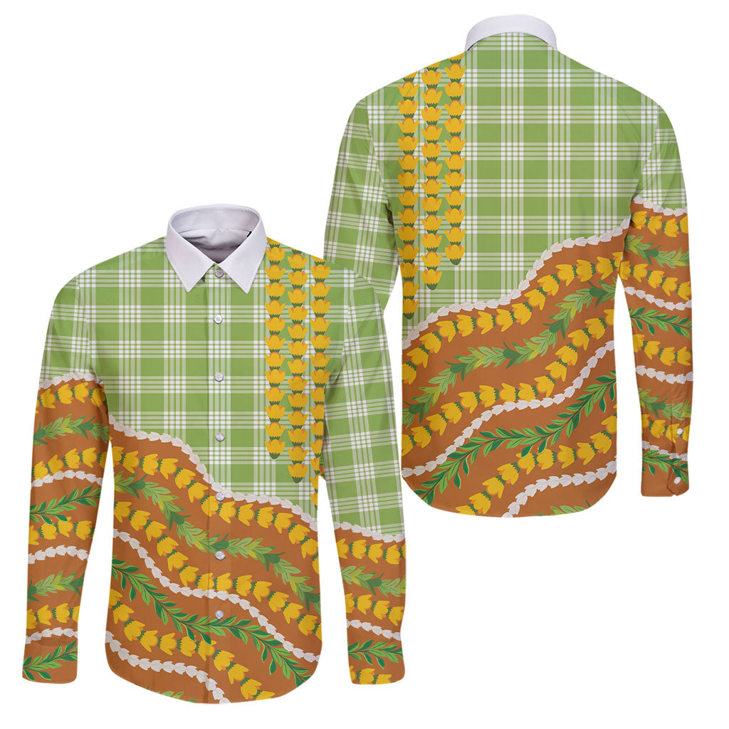 Hawaii Leis Palaka Motifs Family Matching Puletasi and Hawaiian Shirt Pikake Pakalana Maile Ilima Kakau Style