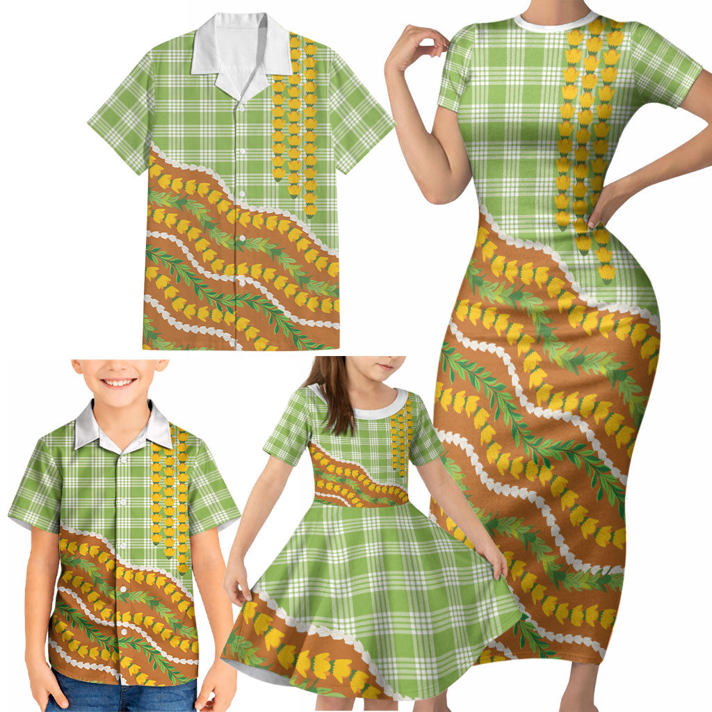 Hawaii Leis Palaka Motifs Family Matching Short Sleeve Bodycon Dress and Hawaiian Shirt Pikake Pakalana Maile Ilima Kakau Style