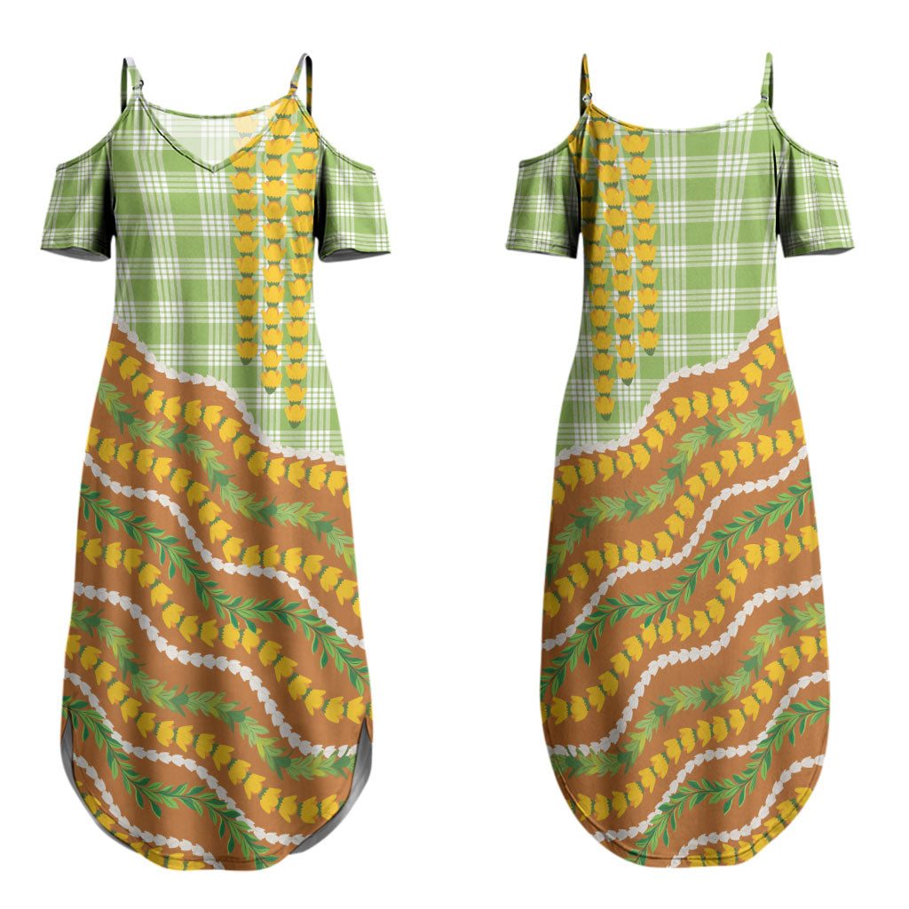 Hawaii Leis Palaka Motifs Family Matching Summer Maxi Dress and Hawaiian Shirt Pikake Pakalana Maile Ilima Kakau Style
