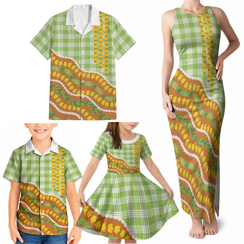 Hawaii Leis Palaka Motifs Family Matching Tank Maxi Dress and Hawaiian Shirt Pikake Pakalana Maile Ilima Kakau Style