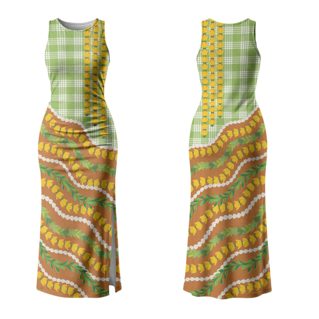 Hawaii Leis Palaka Motifs Family Matching Tank Maxi Dress and Hawaiian Shirt Pikake Pakalana Maile Ilima Kakau Style