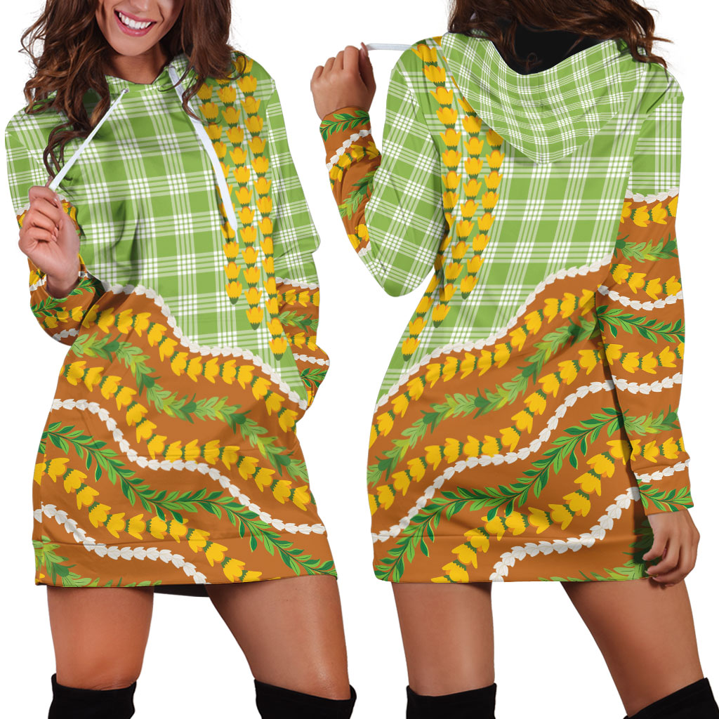 Hawaii Leis Palaka Motifs Hoodie Dress Pikake Pakalana Maile Ilima Kakau Style