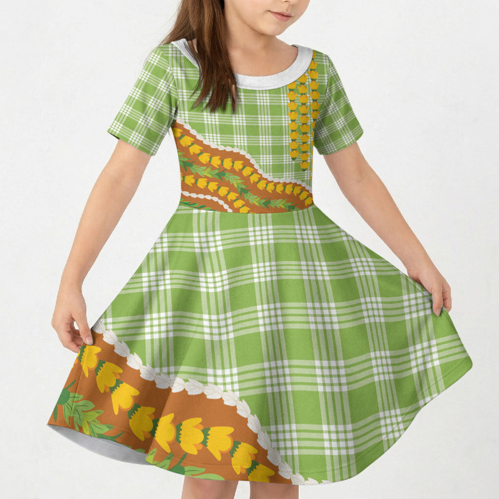 Hawaii Leis Palaka Motifs Kid Short Sleeve Dress Pikake Pakalana Maile Ilima Kakau Style