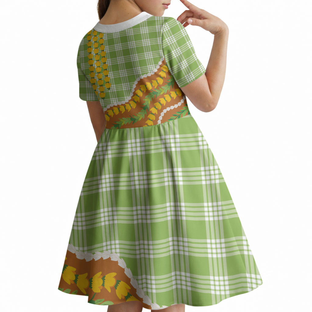 Hawaii Leis Palaka Motifs Kid Short Sleeve Dress Pikake Pakalana Maile Ilima Kakau Style