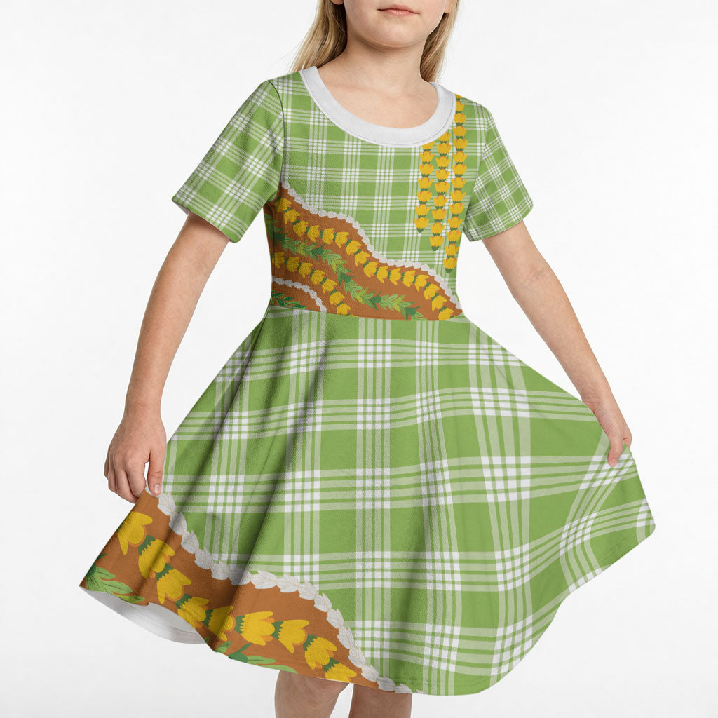 Hawaii Leis Palaka Motifs Kid Short Sleeve Dress Pikake Pakalana Maile Ilima Kakau Style