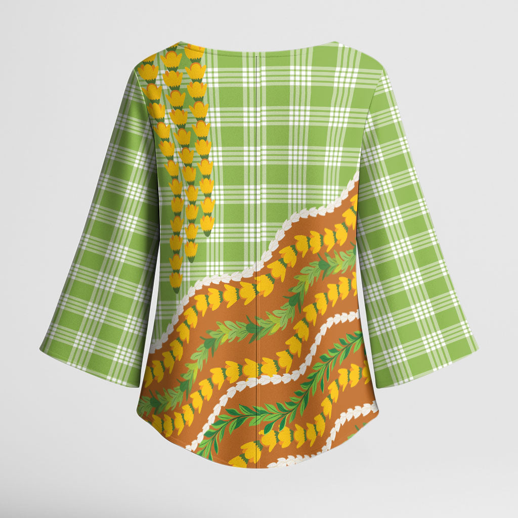 Hawaii Leis Palaka Motifs Kimono Sleeve Blouse Pikake Pakalana Maile Ilima Kakau Style