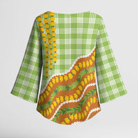 Hawaii Leis Palaka Motifs Kimono Sleeve Blouse Pikake Pakalana Maile Ilima Kakau Style