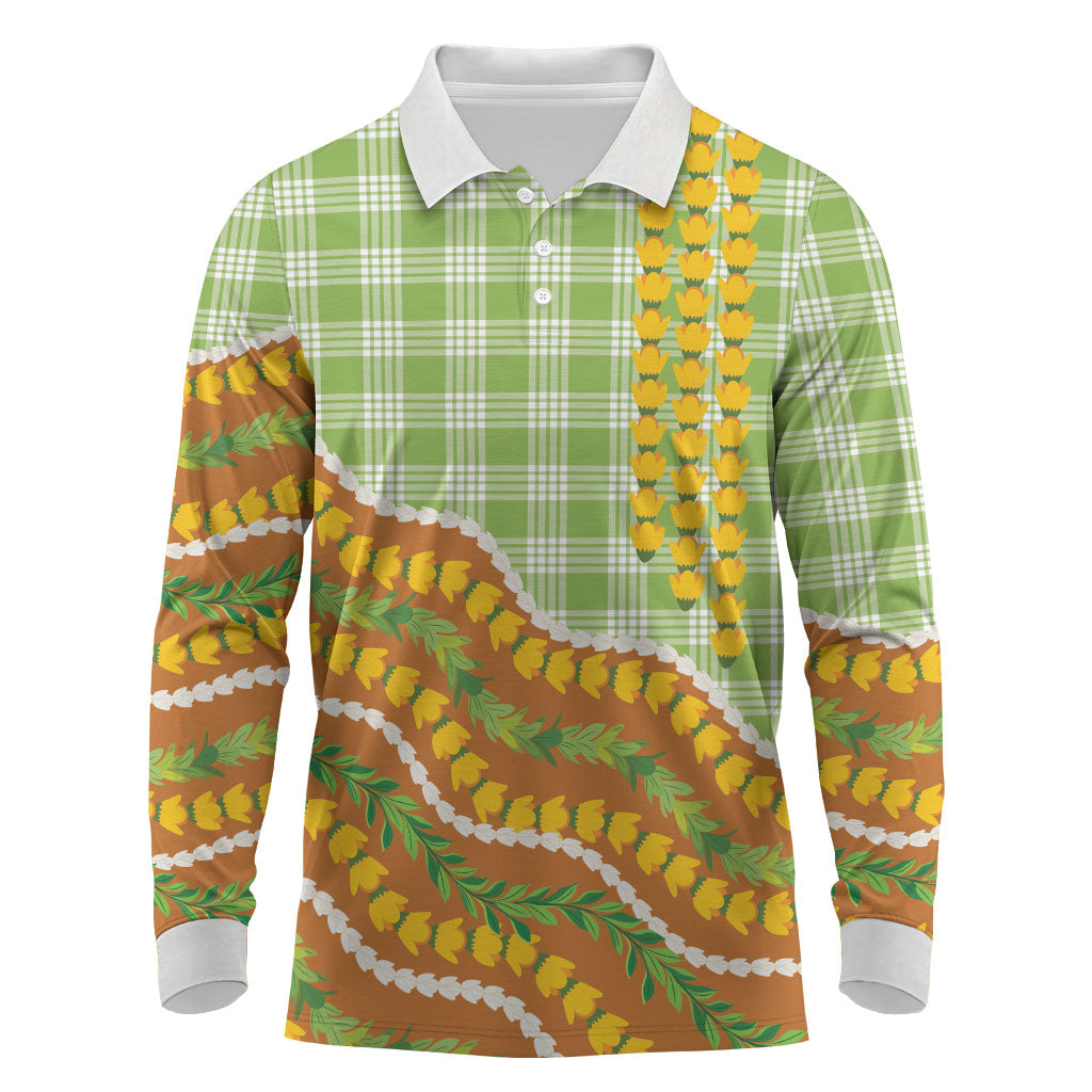 Hawaii Leis Palaka Motifs Long Sleeve Polo Shirt Pikake Pakalana Maile Ilima Kakau Style