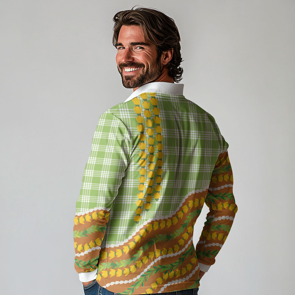 Hawaii Leis Palaka Motifs Long Sleeve Polo Shirt Pikake Pakalana Maile Ilima Kakau Style