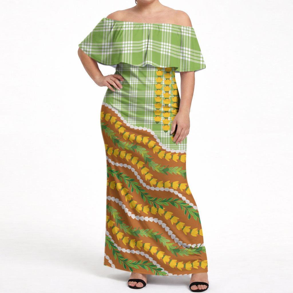 Hawaii Leis Palaka Motifs Off Shoulder Maxi Dress Pikake Pakalana Maile Ilima Kakau Style