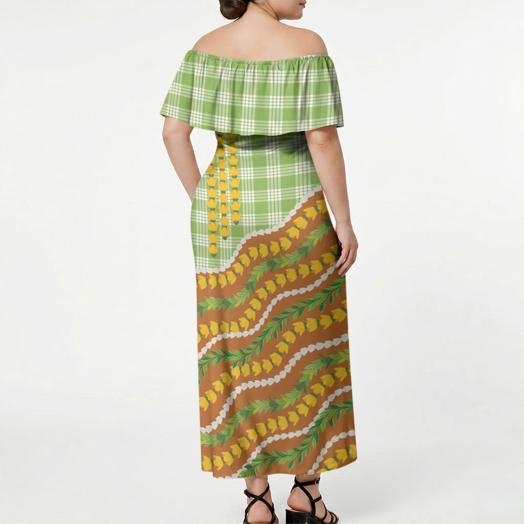 Hawaii Leis Palaka Motifs Off Shoulder Maxi Dress Pikake Pakalana Maile Ilima Kakau Style