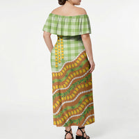 Hawaii Leis Palaka Motifs Off Shoulder Maxi Dress Pikake Pakalana Maile Ilima Kakau Style