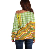 Hawaii Leis Palaka Motifs Off Shoulder Sweater Pikake Pakalana Maile Ilima Kakau Style