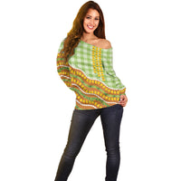 Hawaii Leis Palaka Motifs Off Shoulder Sweater Pikake Pakalana Maile Ilima Kakau Style