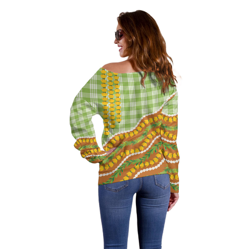 Hawaii Leis Palaka Motifs Off Shoulder Sweater Pikake Pakalana Maile Ilima Kakau Style