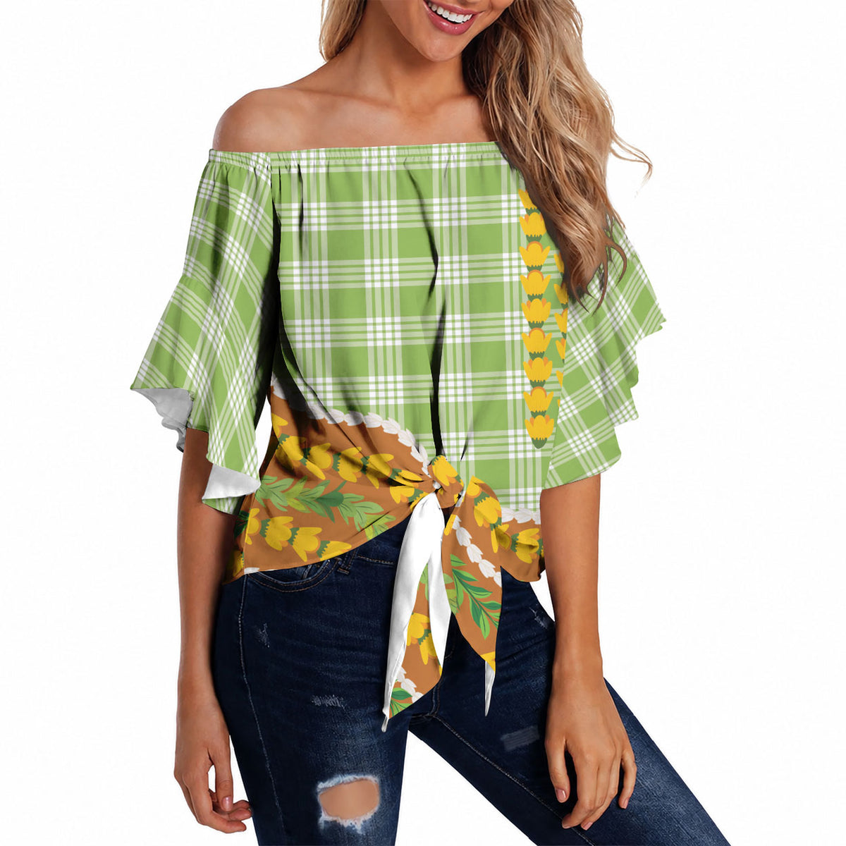 Hawaii Leis Palaka Motifs Off Shoulder Wrap Waist Top Pikake Pakalana Maile Ilima Kakau Style