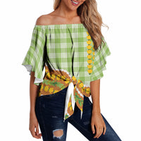 Hawaii Leis Palaka Motifs Off Shoulder Wrap Waist Top Pikake Pakalana Maile Ilima Kakau Style