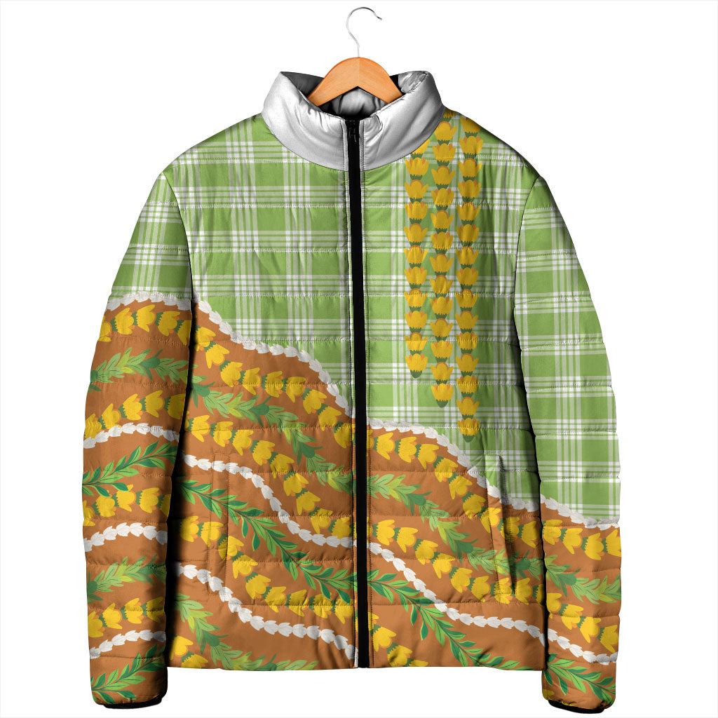 Hawaii Leis Palaka Motifs Padded Jacket Pikake Pakalana Maile Ilima Kakau Style