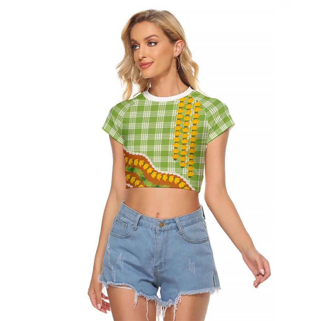 Hawaii Leis Palaka Motifs Raglan Cropped T Shirt Pikake Pakalana Maile Ilima Kakau Style