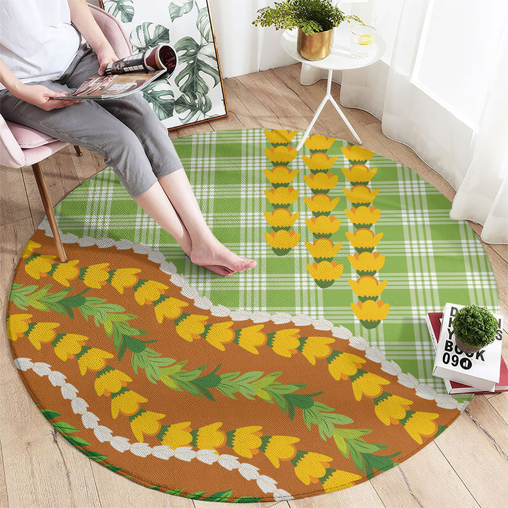 Hawaii Leis Palaka Motifs Round Carpet Pikake Pakalana Maile Ilima Kakau Style