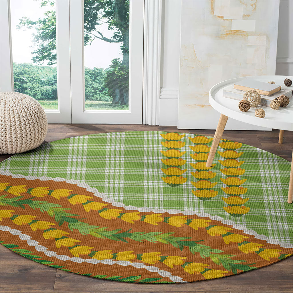Hawaii Leis Palaka Motifs Round Carpet Pikake Pakalana Maile Ilima Kakau Style